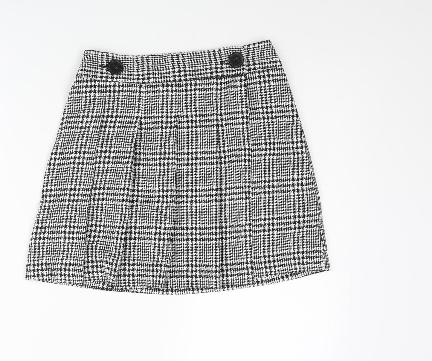 Topshop Womens Black Plaid Polyester Pleated Skirt Size 6 Button