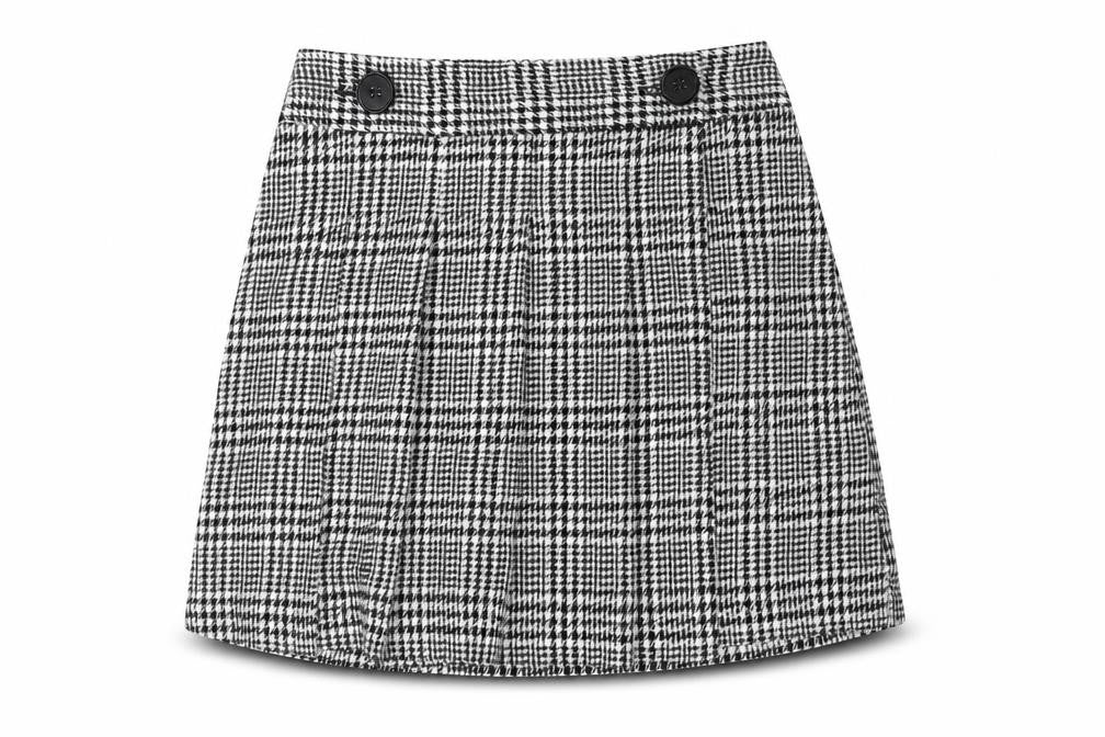 Front view of Topshop women’s black plaid polyester pleated skirt, size UK 6, button