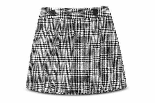 Front view of Topshop women’s black plaid polyester pleated skirt, size UK 6, button