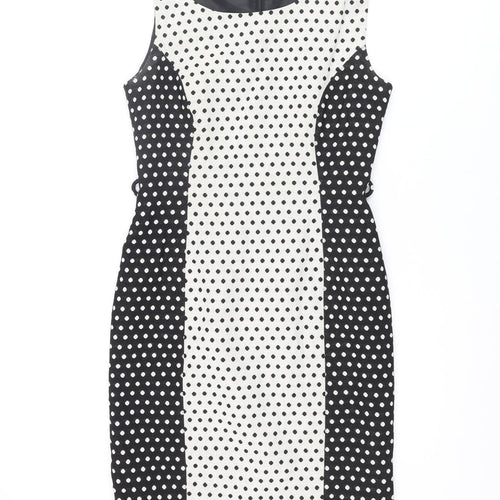 NEXT Womens Black Polka Dot Cotton Shift Size 10 Round Neck Zip