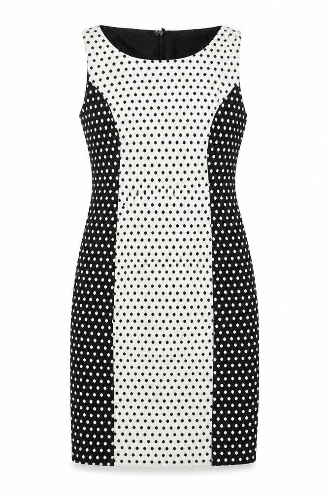 Front view of Next women’s black polka dot cotton shift, size UK 10, round neck zip