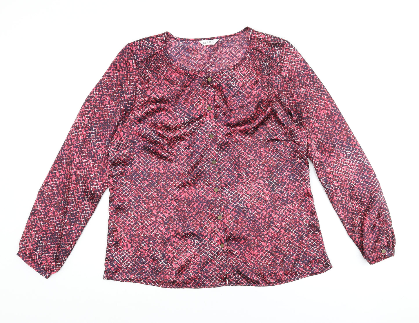 Classic Womens Multicoloured Geometric Polyester Basic Button-Up Size 14 Round Neck