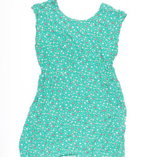Mango Womens Green Floral Viscose A-Line Size L Round Neck Zip