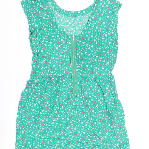 Mango Womens Green Floral Viscose A-Line Size L Round Neck Zip