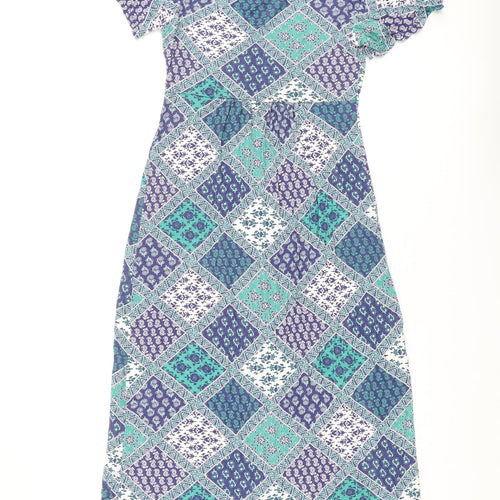 Cotton Traders Womens Blue Geometric Viscose A-Line Size 10 Round Neck Pullover