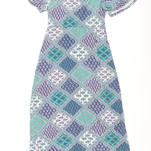 Cotton Traders Womens Blue Geometric Viscose A-Line Size 10 Round Neck Pullover