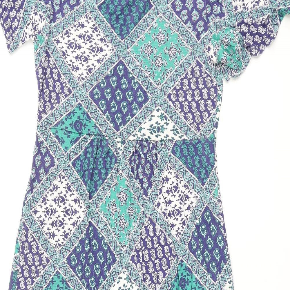 Cotton Traders Womens Blue Geometric Viscose A-Line Size 10 Round Neck Pullover