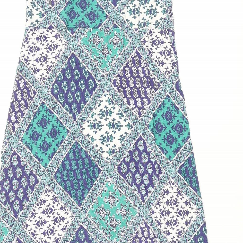 Cotton Traders Womens Blue Geometric Viscose A-Line Size 10 Round Neck Pullover