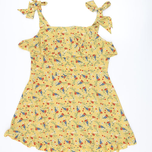 New Look Womens Yellow Floral Polyester Mini Size 18 Square Neck Zip