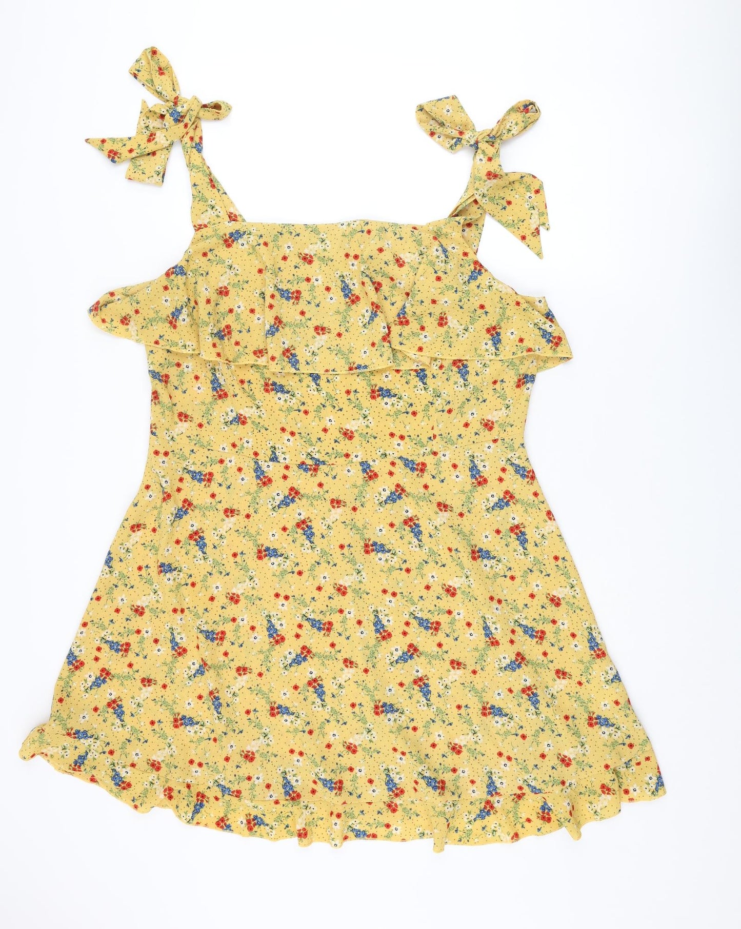 New Look Womens Yellow Floral Polyester Mini Size 18 Square Neck Zip