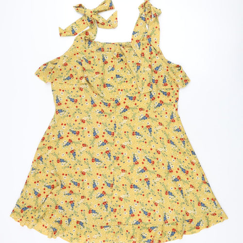 New Look Womens Yellow Floral Polyester Mini Size 18 Square Neck Zip