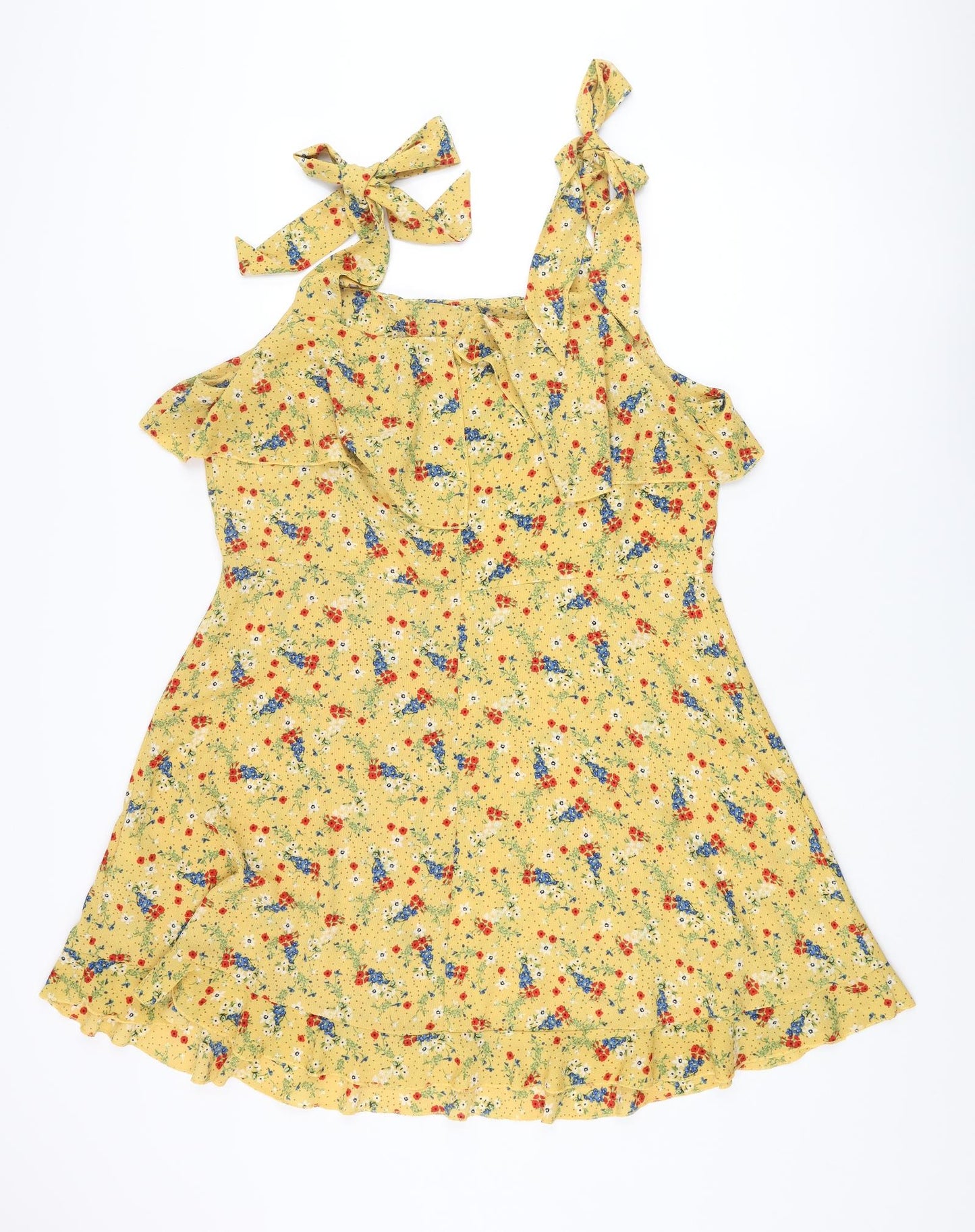 New Look Womens Yellow Floral Polyester Mini Size 18 Square Neck Zip