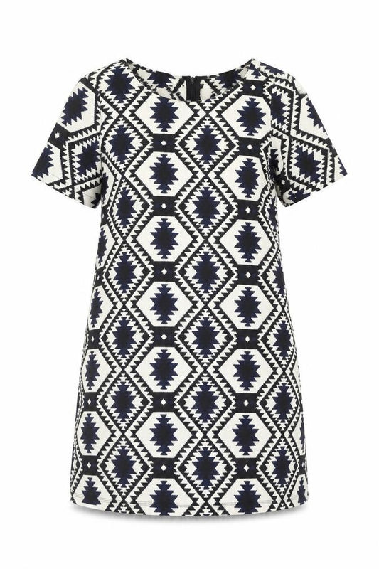 Front view of Vera & Lucy women’s multicoloured geometric polyester a-line, size S, round neck zip -, size S-m