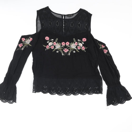 River Island Womens Black Viscose Basic Blouse Size 10 Round Neck - Flower Detail Cold Shoulder