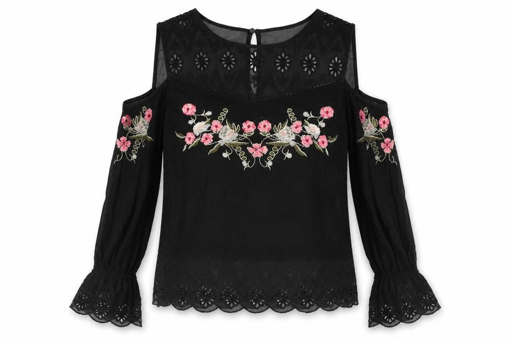 Front view of River Island women’s black viscose basic blouse, size UK 10, round neck - flower detail cold shoulder