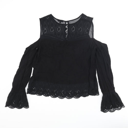 River Island Womens Black Viscose Basic Blouse Size 10 Round Neck - Flower Detail Cold Shoulder