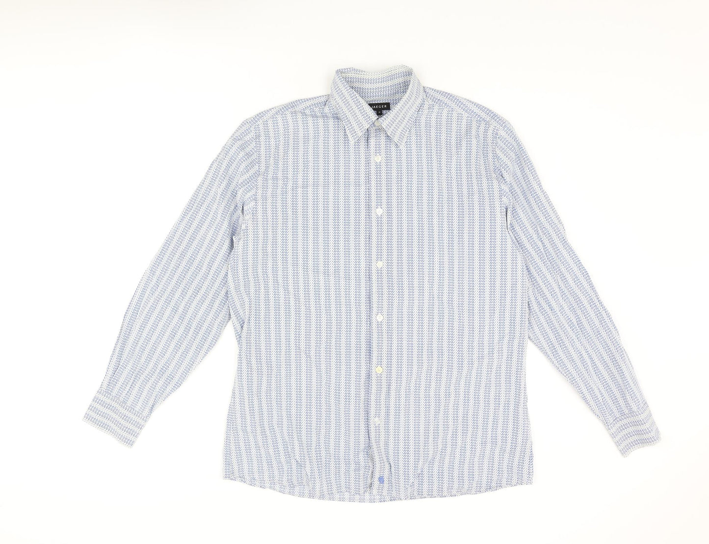 Jaeger Mens Blue Striped Cotton Button-Up Size M Collared Button