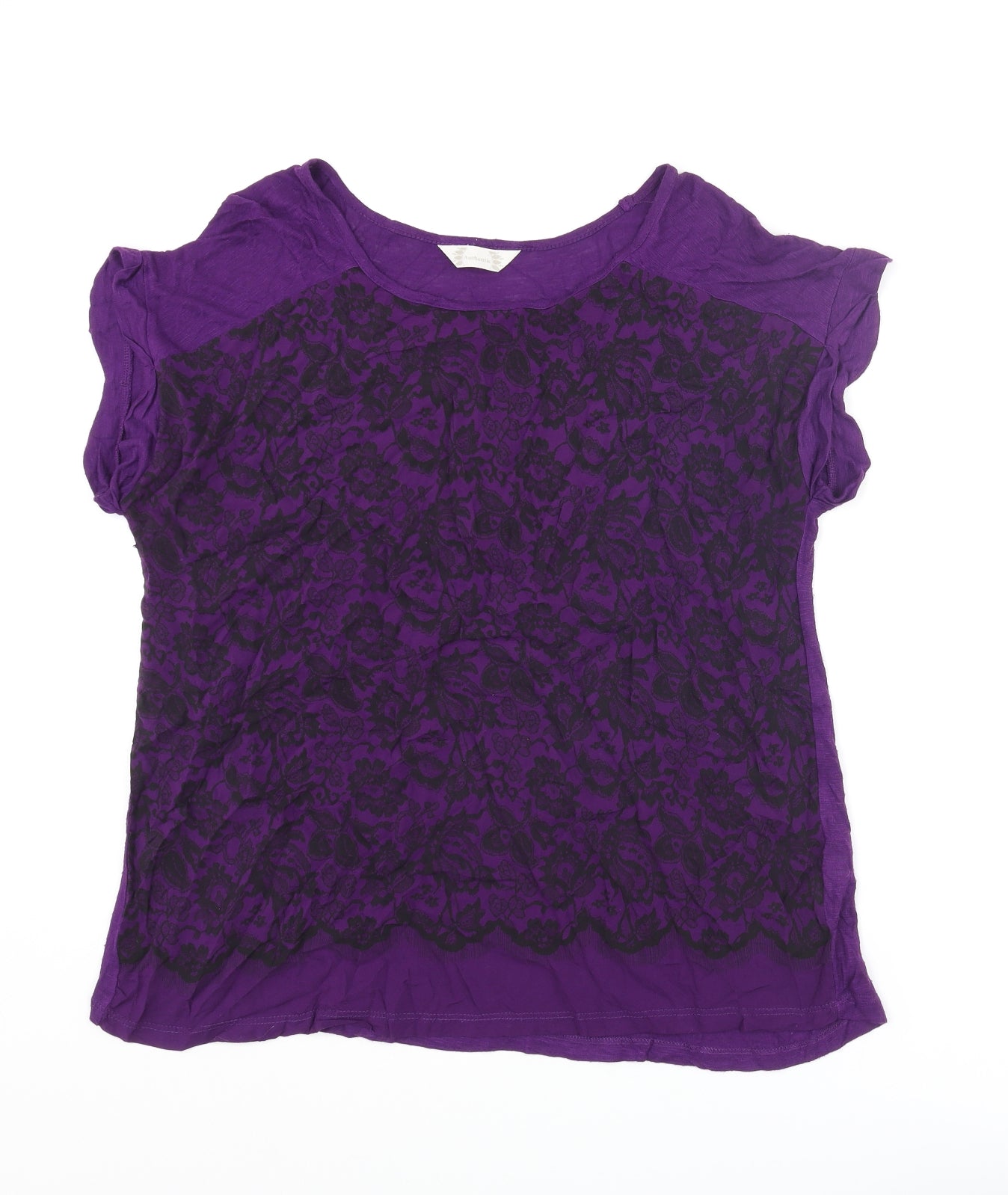 BHS Womens Purple Floral Viscose Basic T-Shirt Size 14 Round Neck