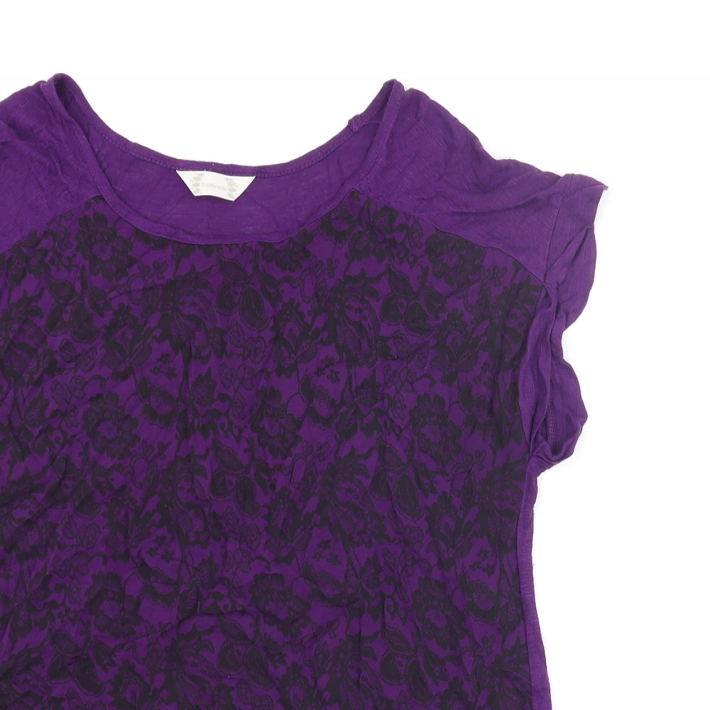 BHS Womens Purple Floral Viscose Basic T-Shirt Size 14 Round Neck