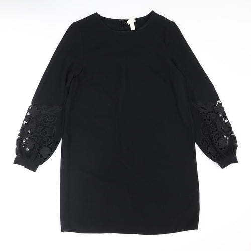 H&M Womens Black Polyester Shift Size 8 Round Neck Button