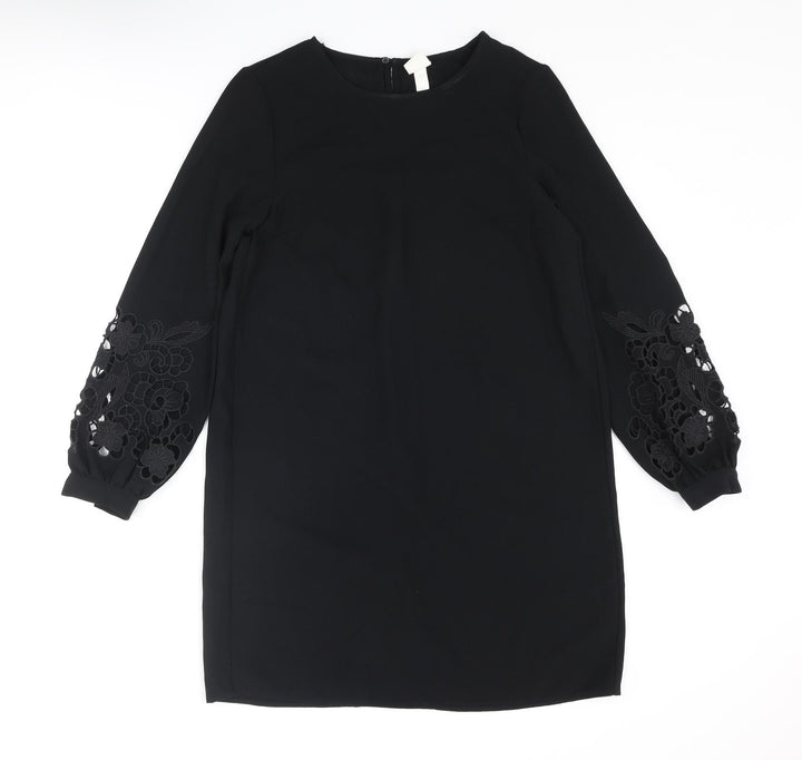 H&M Womens Black Polyester Shift Size 8 Round Neck Button