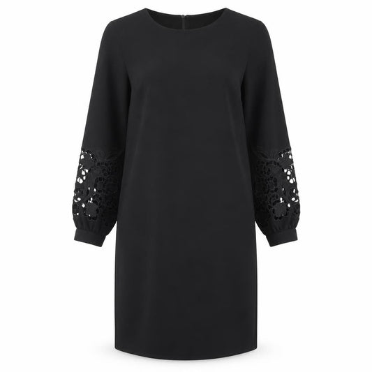 Front view of H&M women’s black polyester shift, size UK 8, round neck button