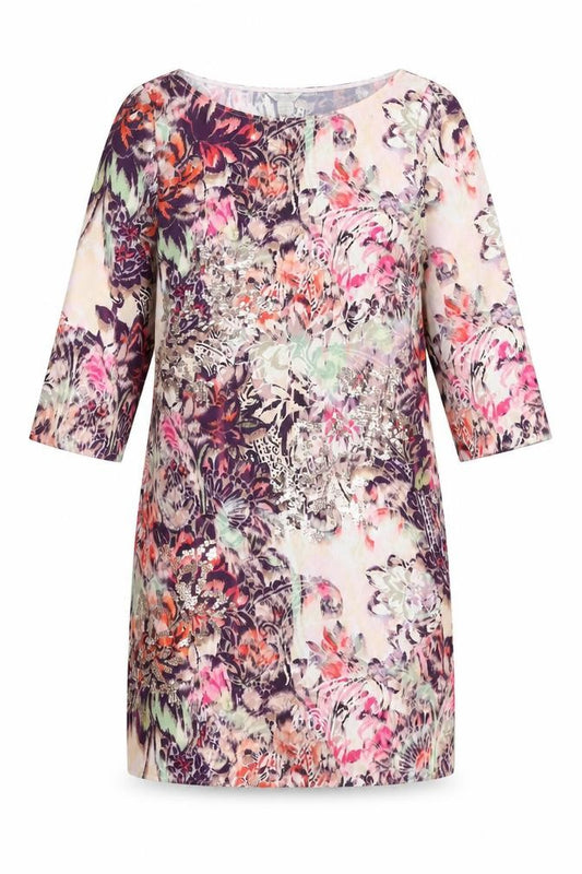 Front view of Monsoon women’s multicoloured geometric polyester shift, size UK 8, boat neck pullover