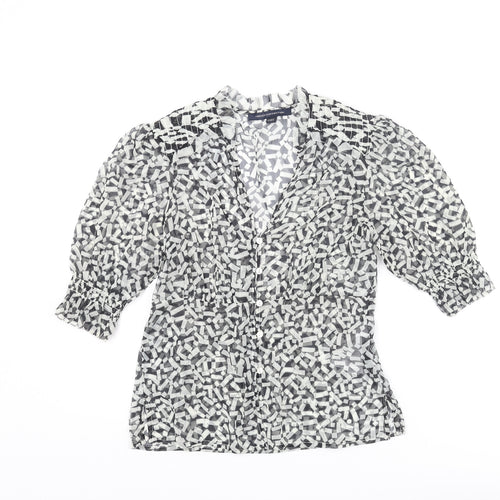 French Connection Womens Black Geometric Polyester Basic Button-Up Size 6 V-Neck