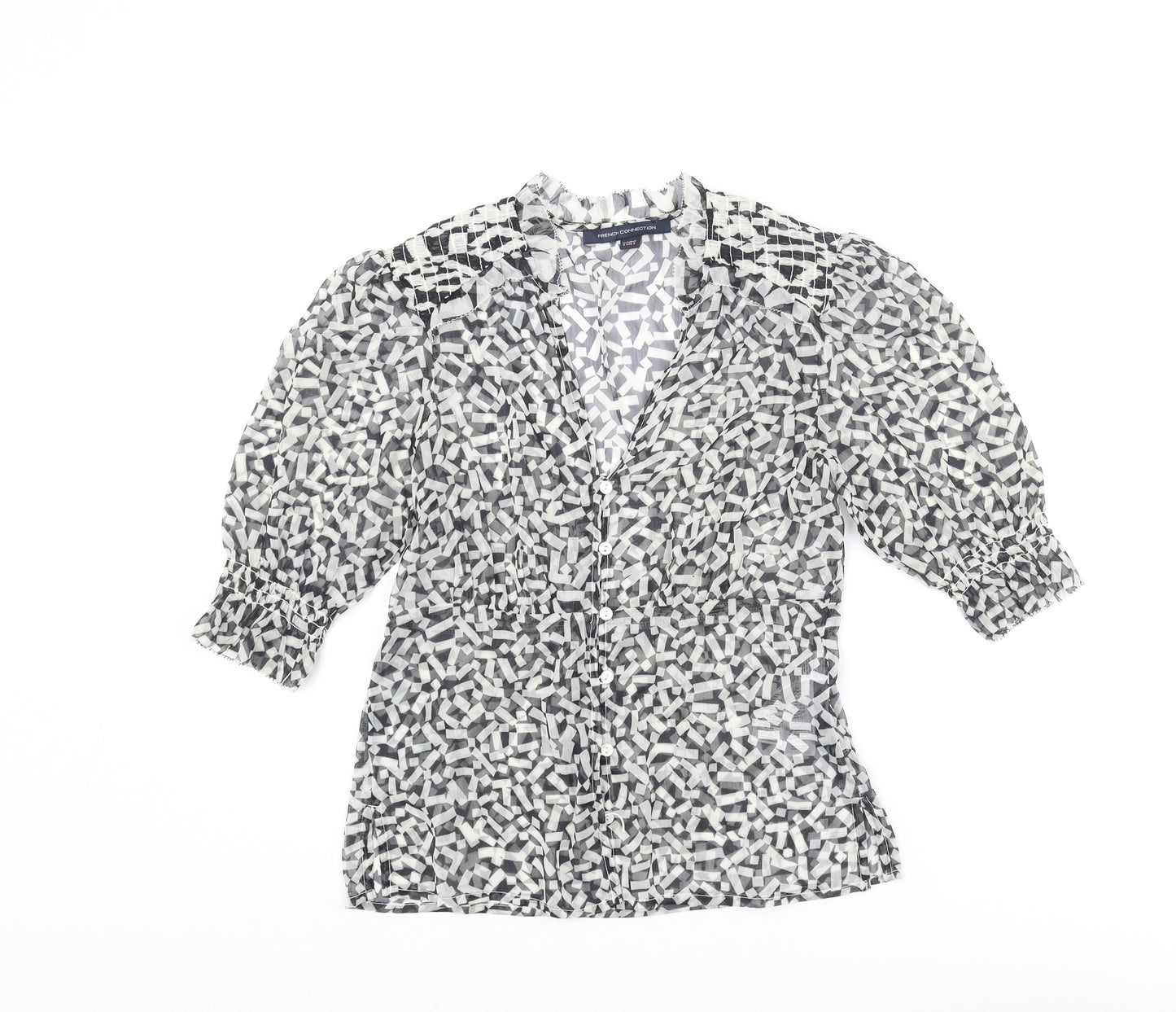 French Connection Womens Black Geometric Polyester Basic Button-Up Size 6 V-Neck