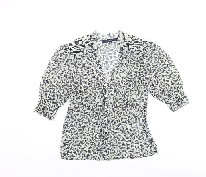 French Connection Womens Black Geometric Polyester Basic Button-Up Size 6 V-Neck