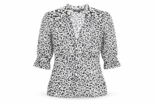 Front view of French Connection women’s black geometric polyester basic button-up, size UK 6, v-neck