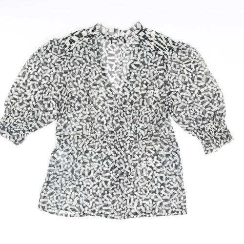 French Connection Womens Black Geometric Polyester Basic Button-Up Size 6 V-Neck