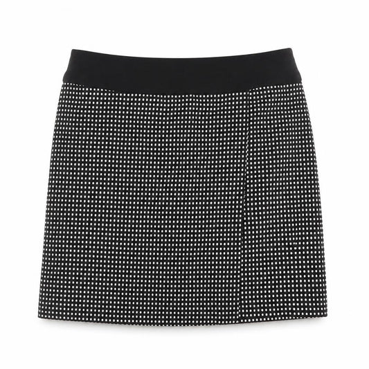 Front view of Next women’s black geometric polyester a-line skirt, size UK 14, zip