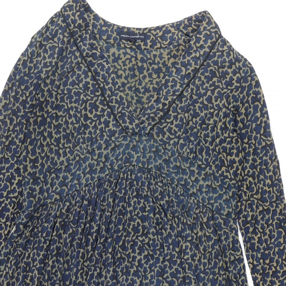 French Connection Womens Blue Geometric Silk A-Line Size 16 V-Neck Pullover