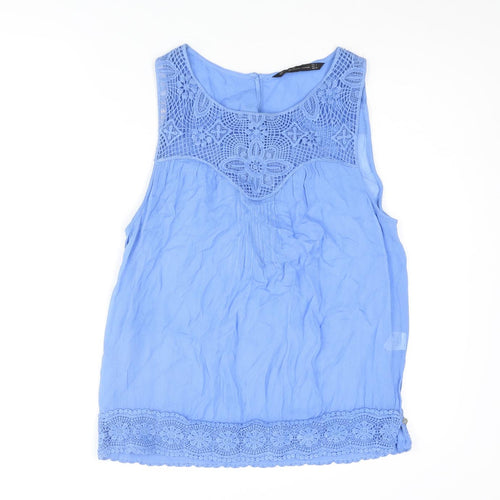 Zara Womens Blue Polyester Basic Tank Size L Round Neck - Crochet Detail