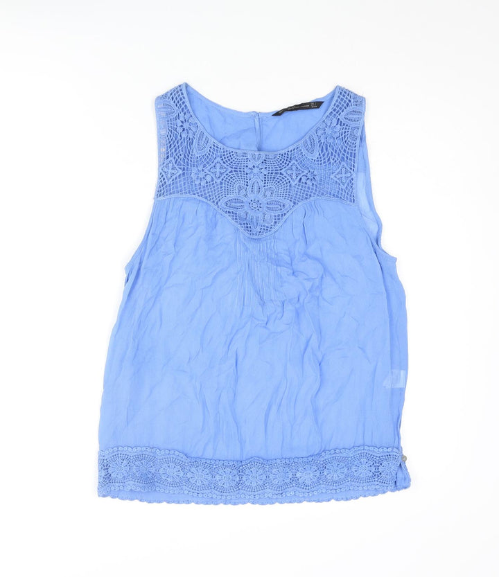Zara Womens Blue Polyester Basic Tank Size L Round Neck - Crochet Detail