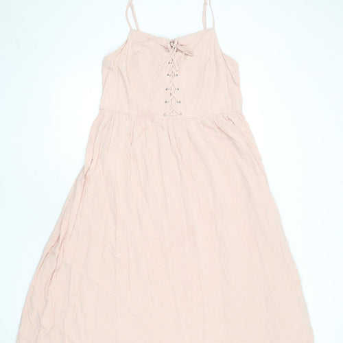 New Look Womens Pink Viscose A-Line Size 16 Round Neck Lace Up