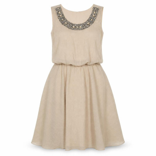 Front view of Tiana B women’s beige polyester a-line, size UK 10, round neck pullover
