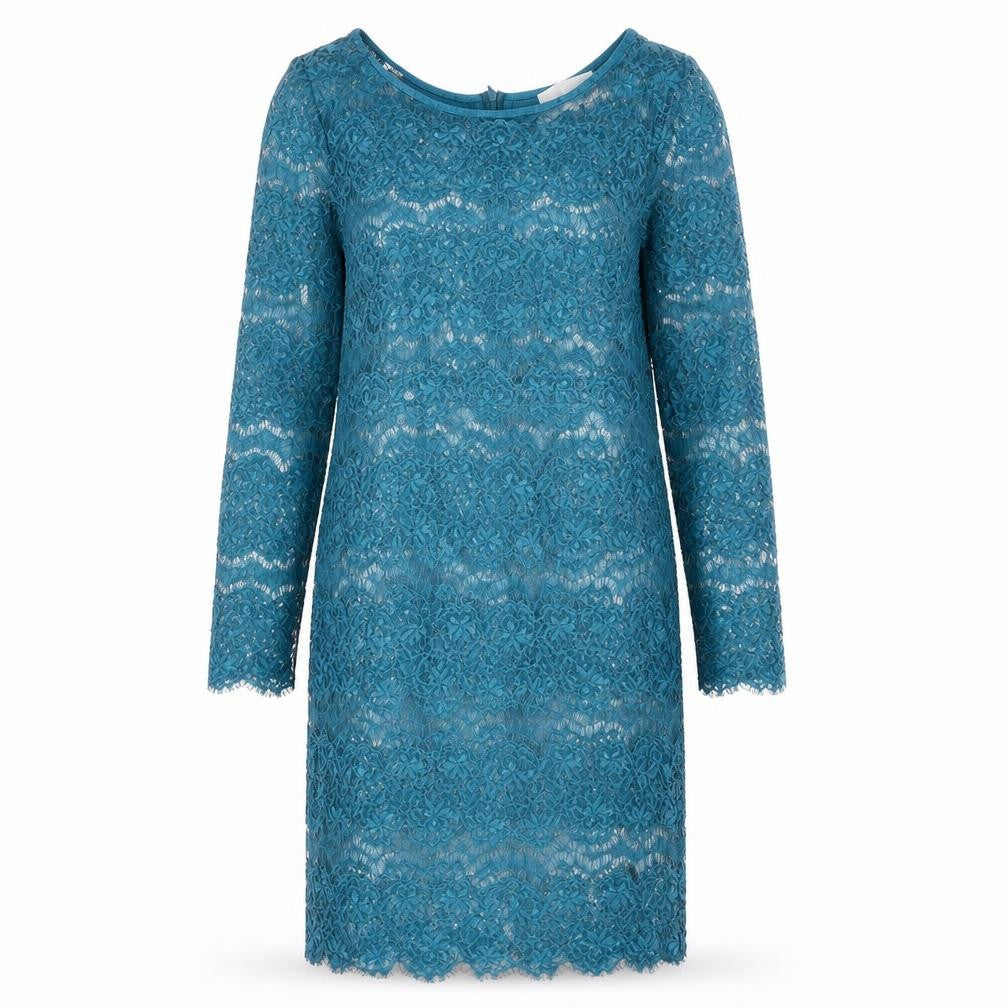 Front view of Body Frock women’s blue polyester shift, size UK 12, round neck zip