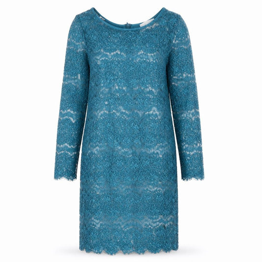 Front view of Body Frock women’s blue polyester shift, size UK 12, round neck zip