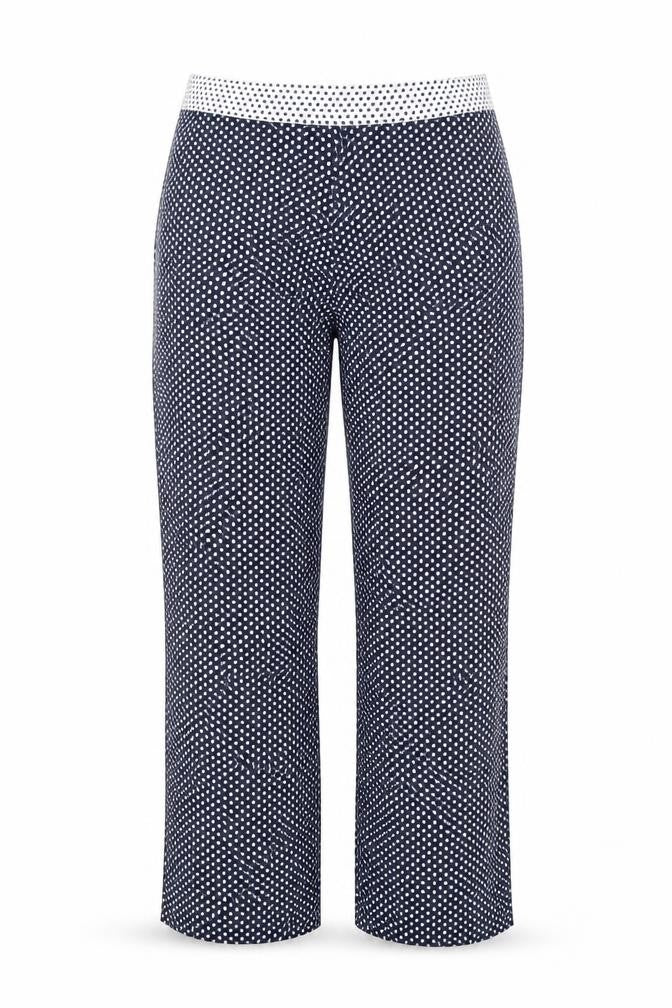 Front view of Nine women’s blue polka dot polyester trousers, size UK 10, 30-inch leg regular