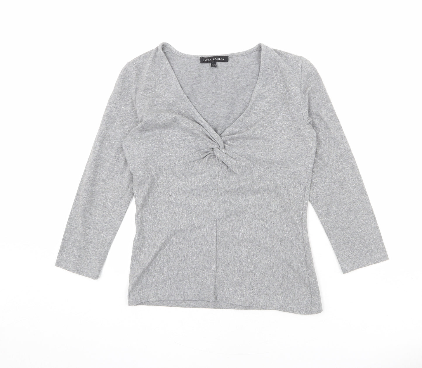 Laura Ashley Womens Grey Cotton Basic T-Shirt Size 8 V-Neck