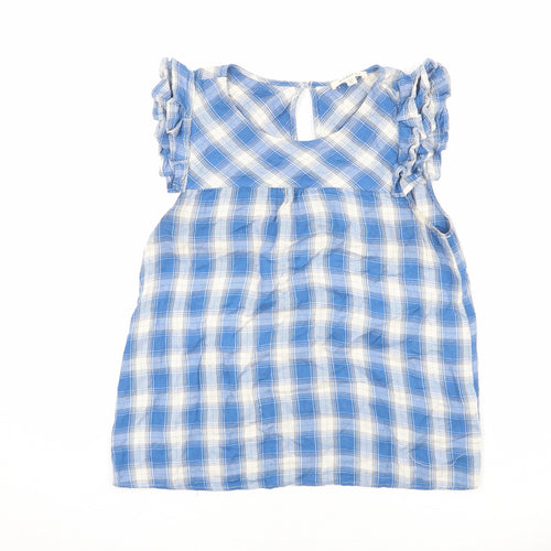 Monteau Womens Blue Plaid Viscose Basic Blouse Size S Round Neck