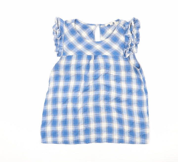 Monteau Womens Blue Plaid Viscose Basic Blouse Size S Round Neck