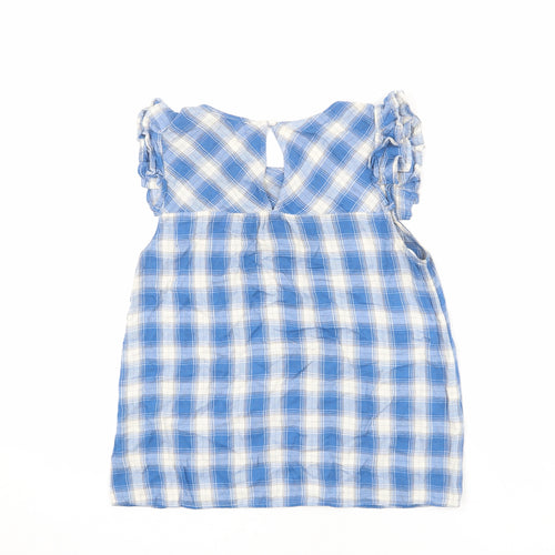 Monteau Womens Blue Plaid Viscose Basic Blouse Size S Round Neck