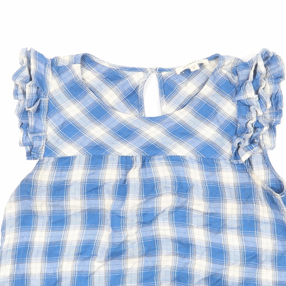 Monteau Womens Blue Plaid Viscose Basic Blouse Size S Round Neck