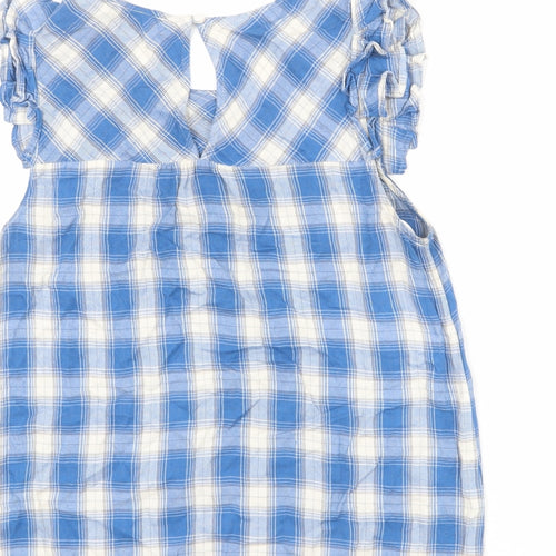 Monteau Womens Blue Plaid Viscose Basic Blouse Size S Round Neck