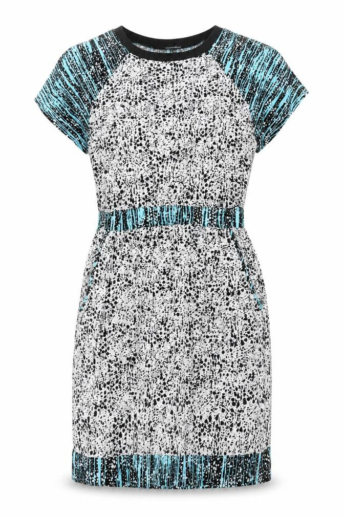 Front view of Warehouse women’s multicoloured geometric viscose shift, size UK 10, round neck pullover