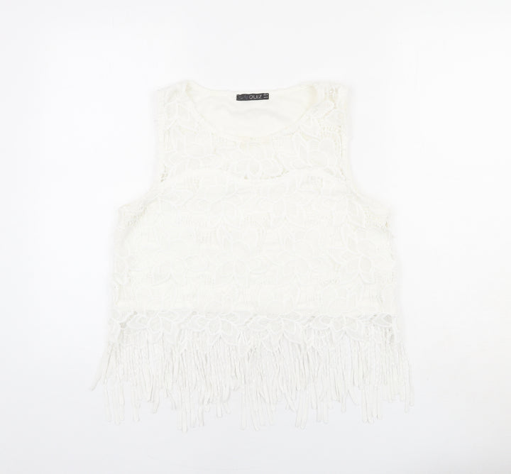 Quiz Womens White Polyester Cropped Tank Size 14 Round Neck - Lace detail