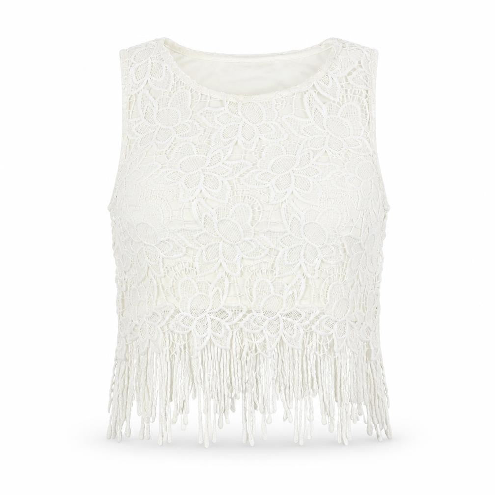 Quiz Womens White Polyester Cropped Tank Size 14 Round Neck - Lace detail